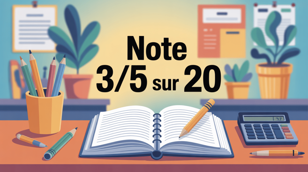 note 3/5 sur 20 sur un cahier avec des éléments d'école