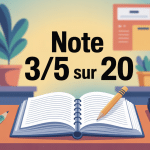 note 3/5 sur 20 sur un cahier avec des éléments d'école