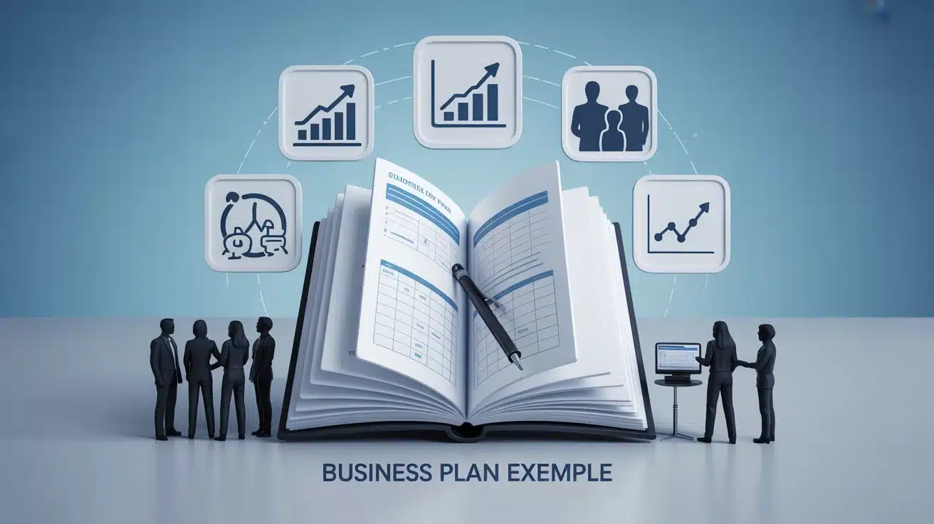 Illustration business plan exemple document ouvert et icônes