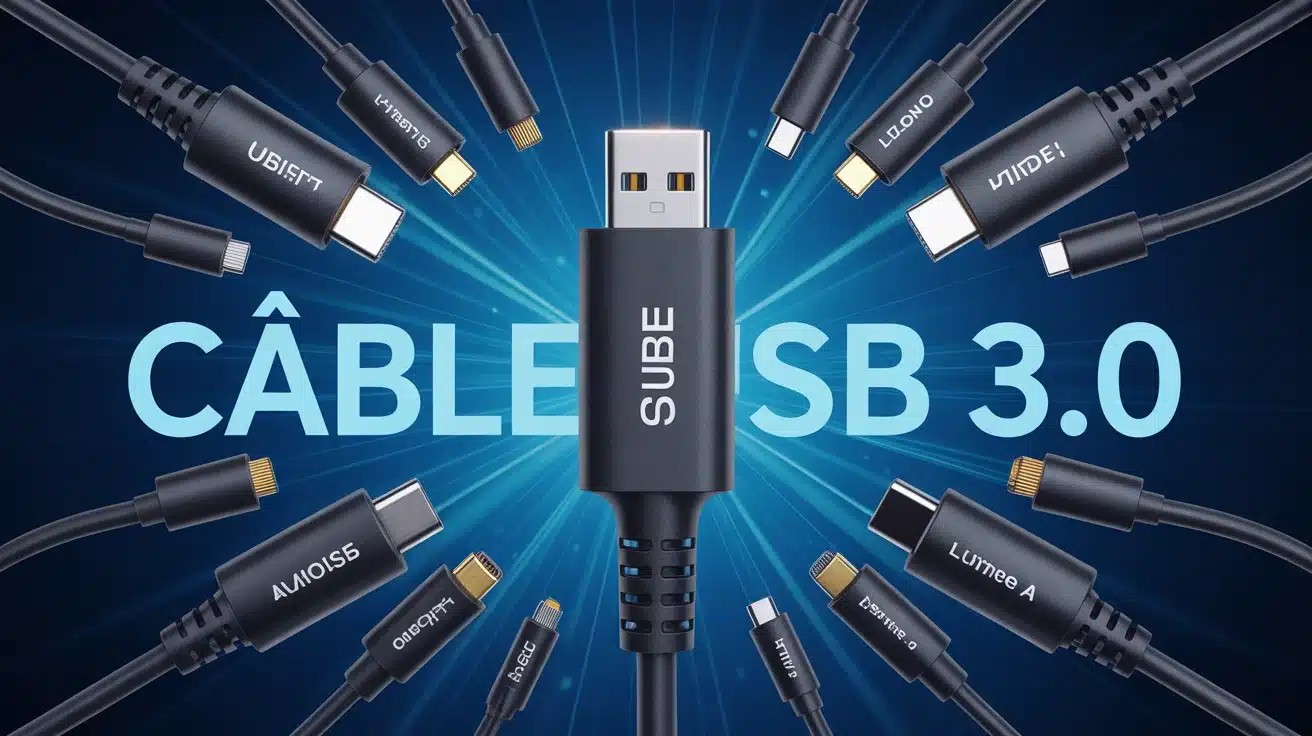 Câble USB 3 0 stylisé avec symboles de transfert rapide et connecteurs