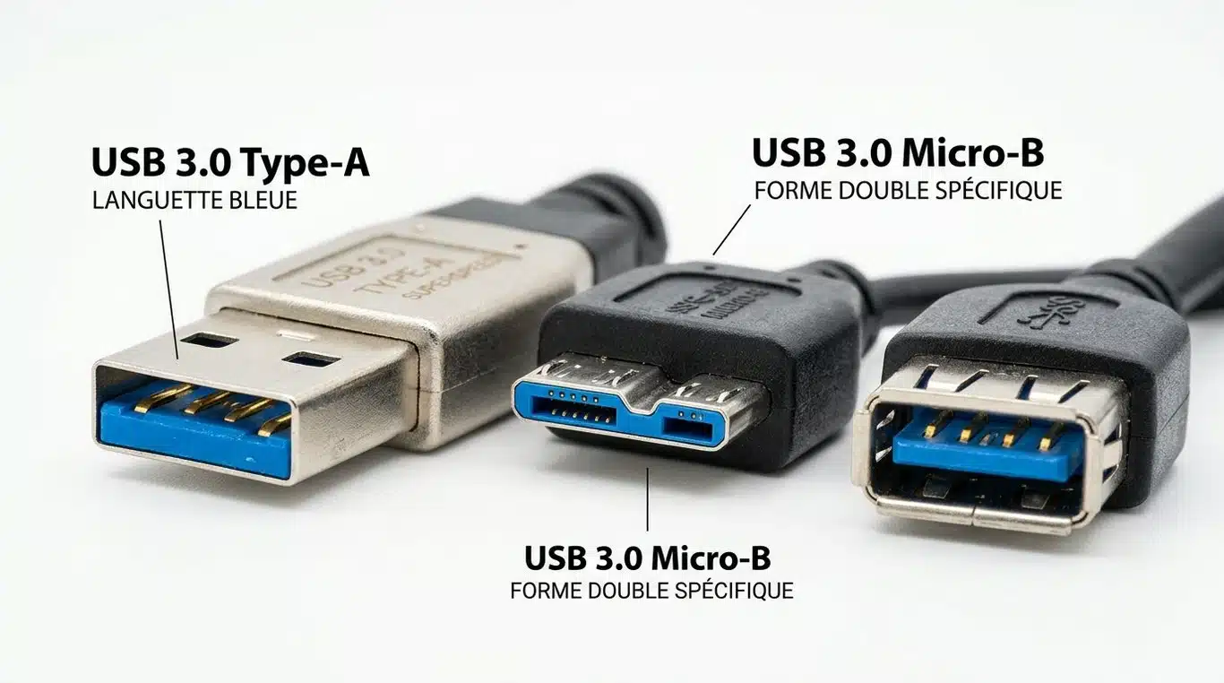 Différents types de connecteurs USB 3.0 : focus sur la languette bleue et le format Micro B