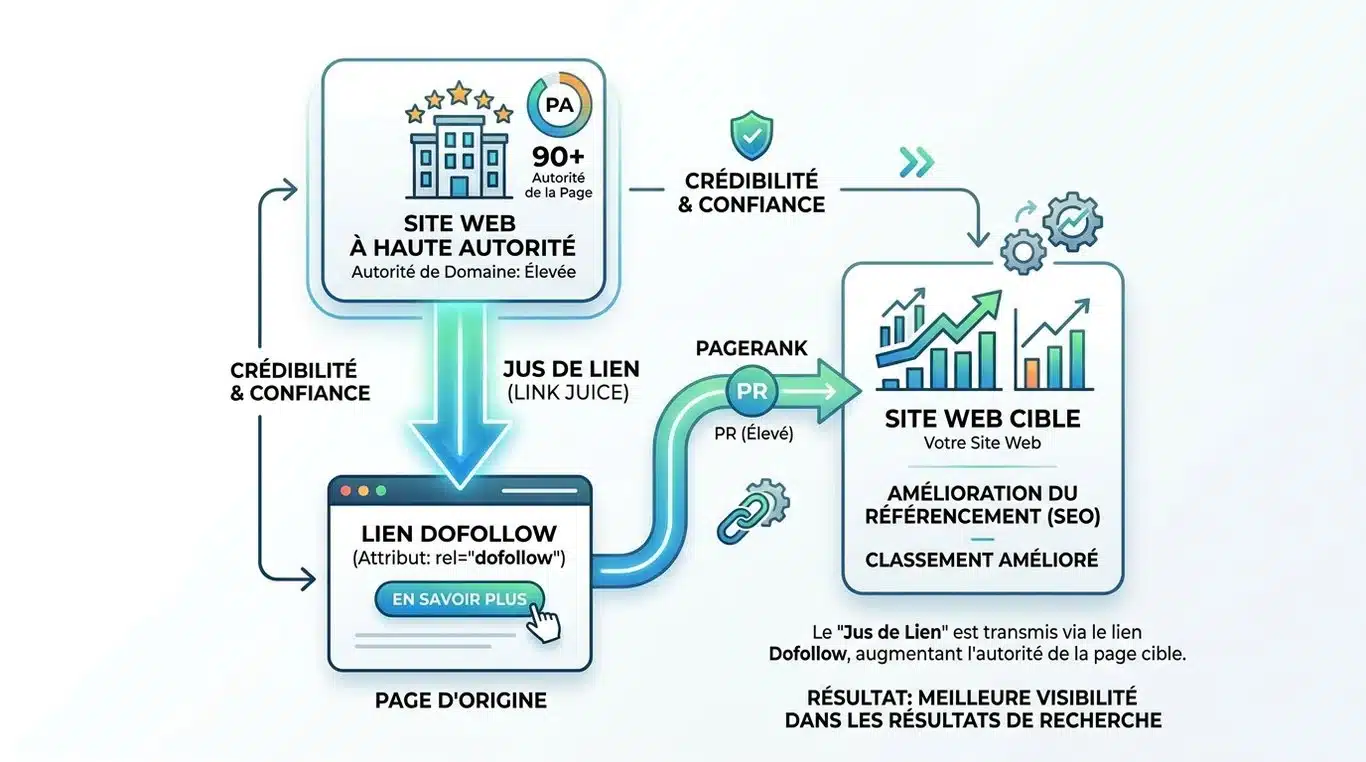 Schéma illustrant le transfert de jus de lien (link juice) entre deux sites web