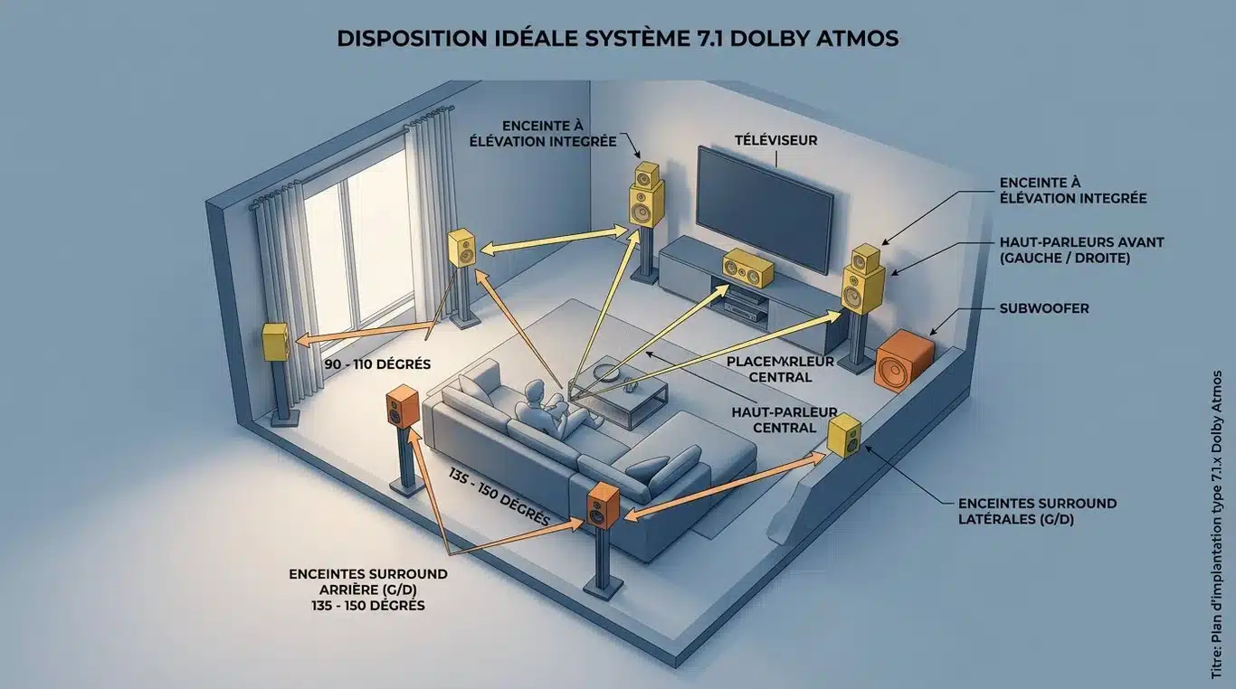 Schéma de placement idéal d'un système home cinéma 7.1 Dolby Atmos