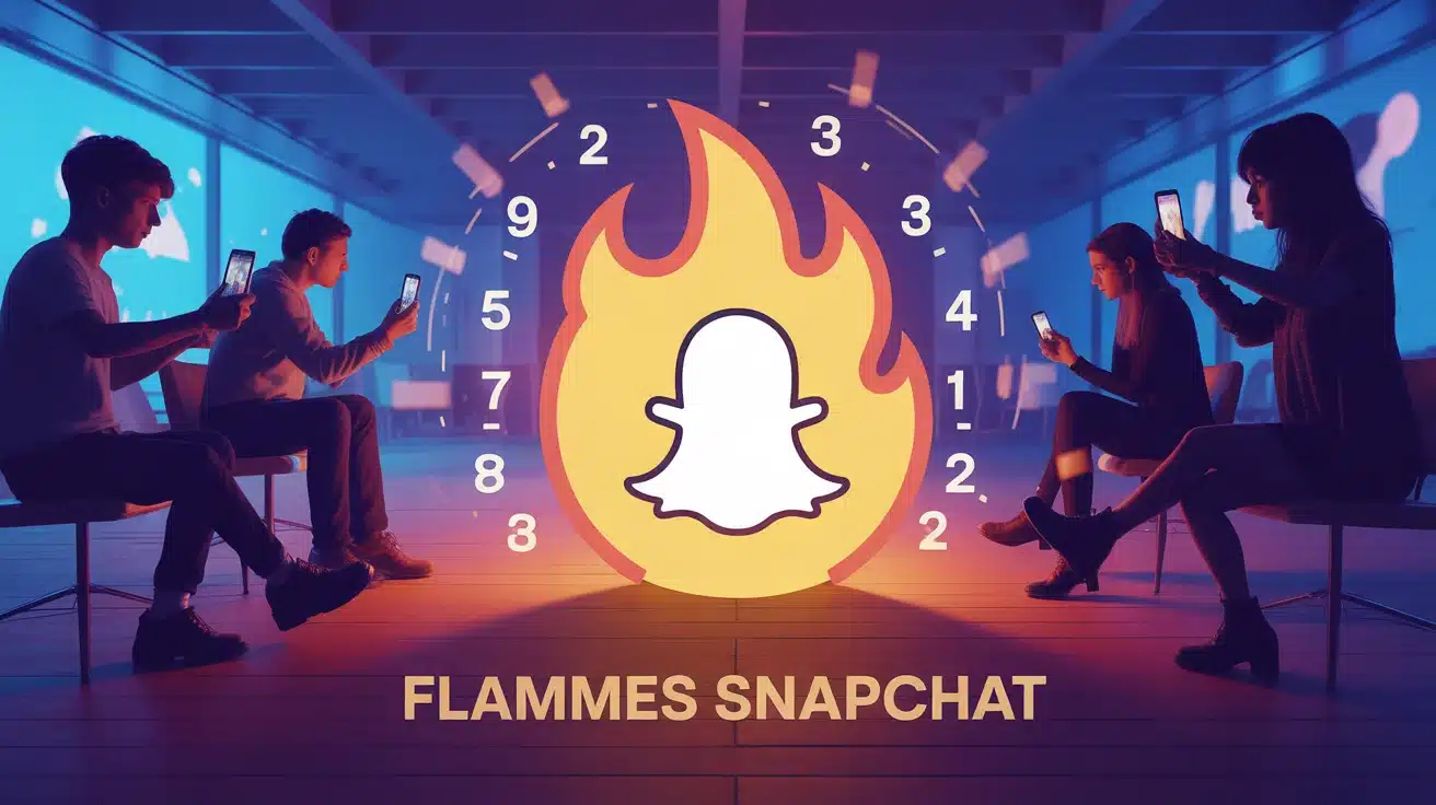 Illustration stylisée des flammes Snapchat avec emoji flamme et chiffres défilants