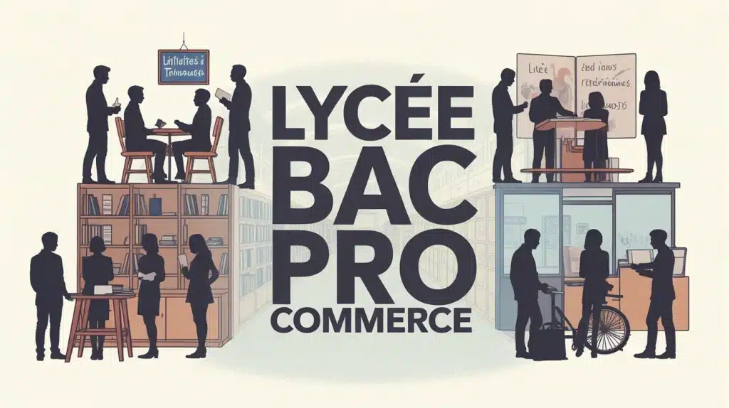 illustration lycée bac pro commerce étudiants en cours et entreprise