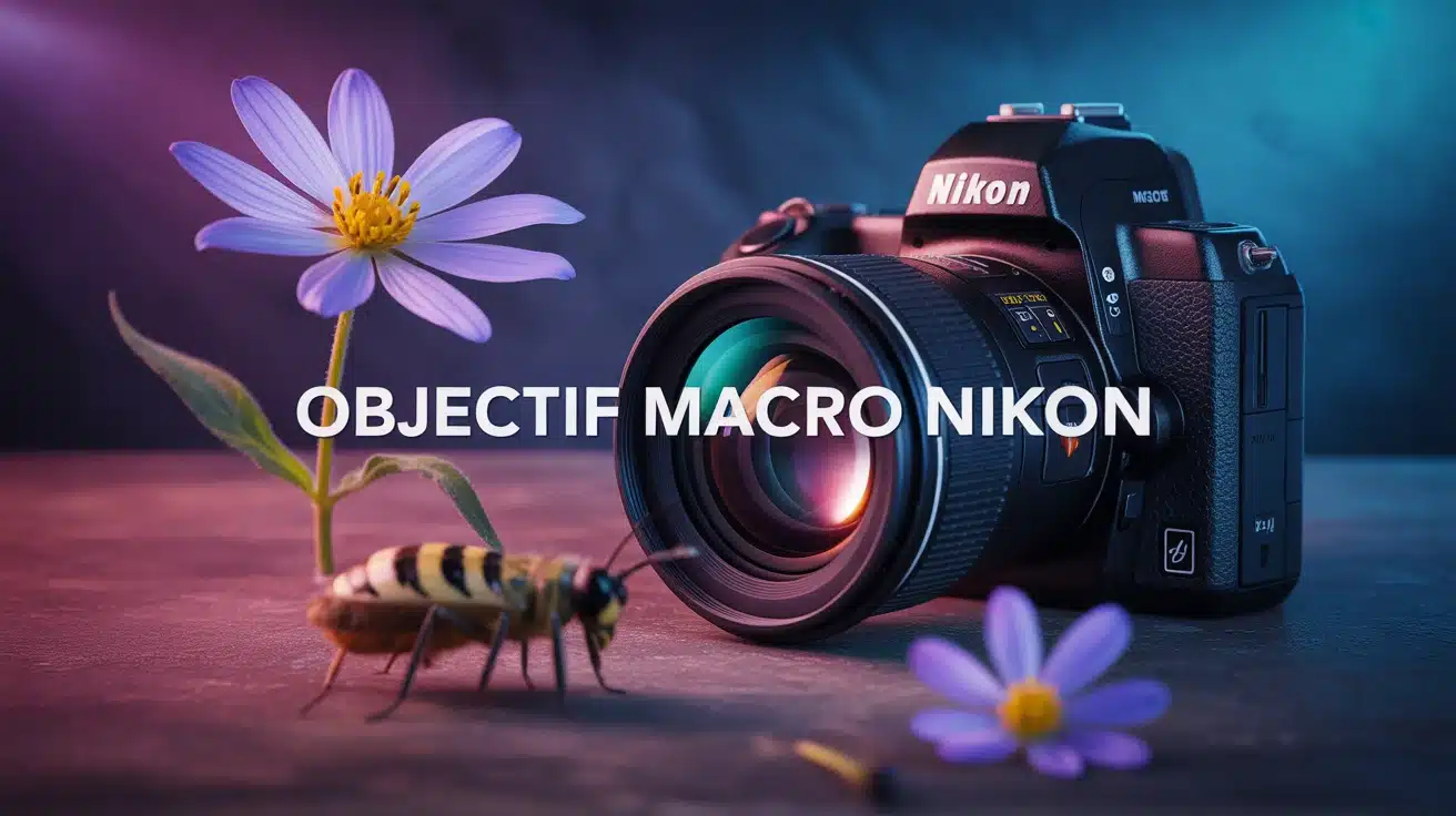 illustration vectorielle objectif macro Nikon avec fleur et insecte en gros plan