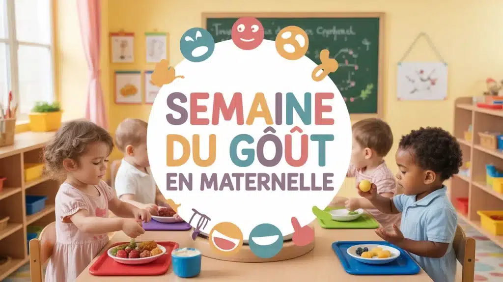 Illustration joyeuse semaine du goût en maternelle avec enfants et aliments