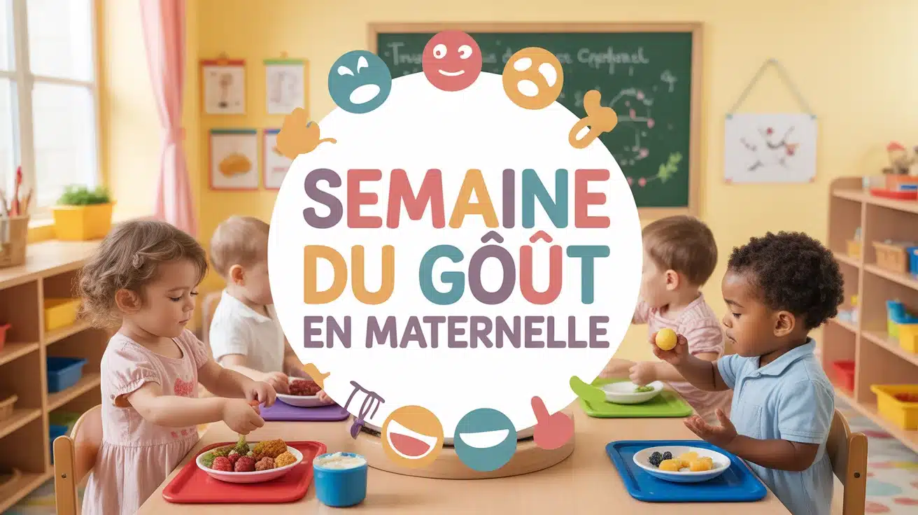 Illustration joyeuse semaine du goût en maternelle avec enfants et aliments