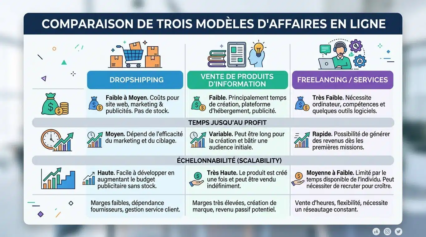 Comparatif visuel des modèles de business en ligne : Dropshipping, Infoprenariat et Freelance