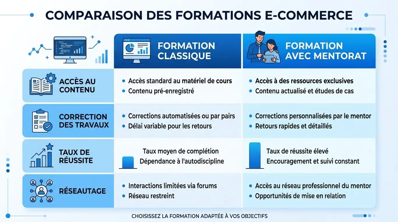 Infographie comparative : Formation e-commerce classique vs avec mentorat