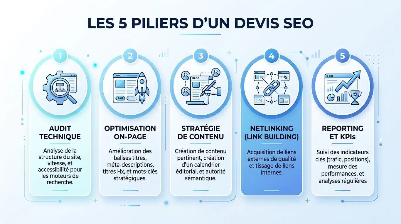Infographie des 5 piliers d'un devis SEO : Audit, On-page, Contenu, Netlinking et Reporting.