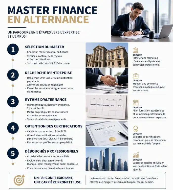 Infographie du parcours Master Finance en alternance : étapes clés et débouchés professionnels