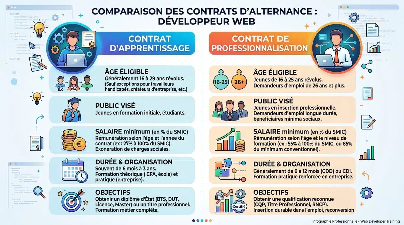 Infographie comparative : Contrat d'apprentissage vs Contrat de professionnalisation
