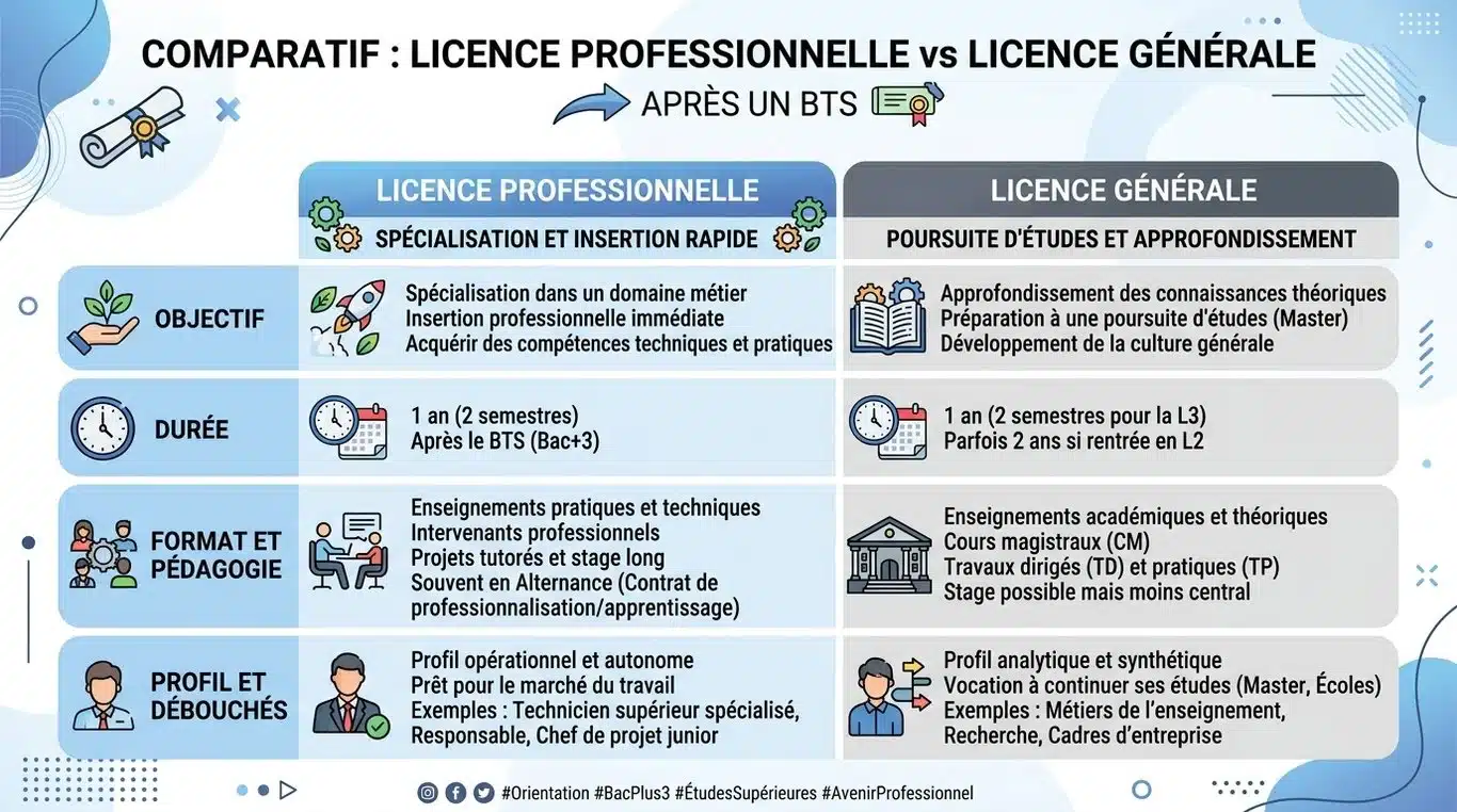 Infographie comparative : Licence Professionnelle vs Licence Générale après un BTS
