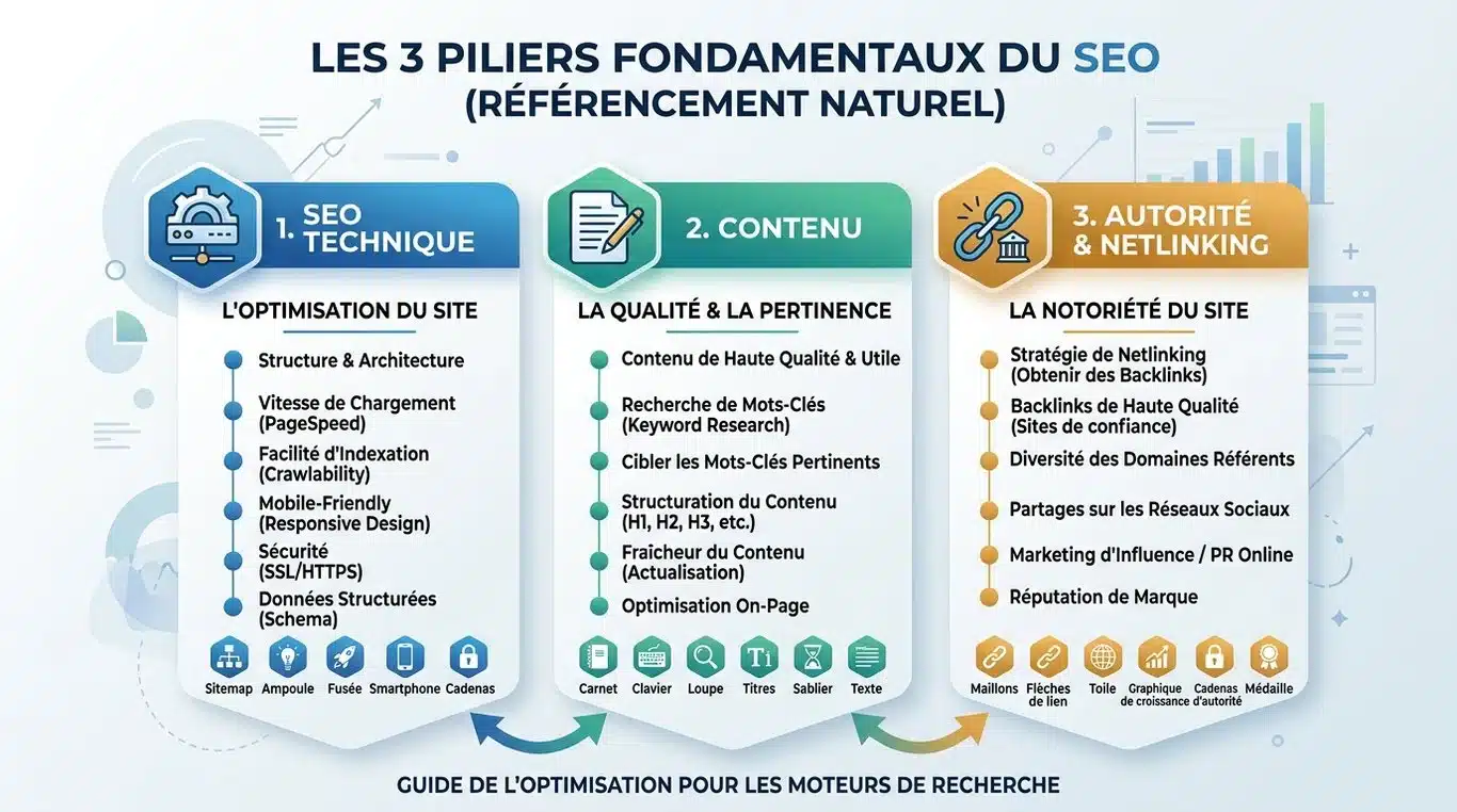 Infographie des 3 piliers du SEO : Technique, Contenu et Autorité