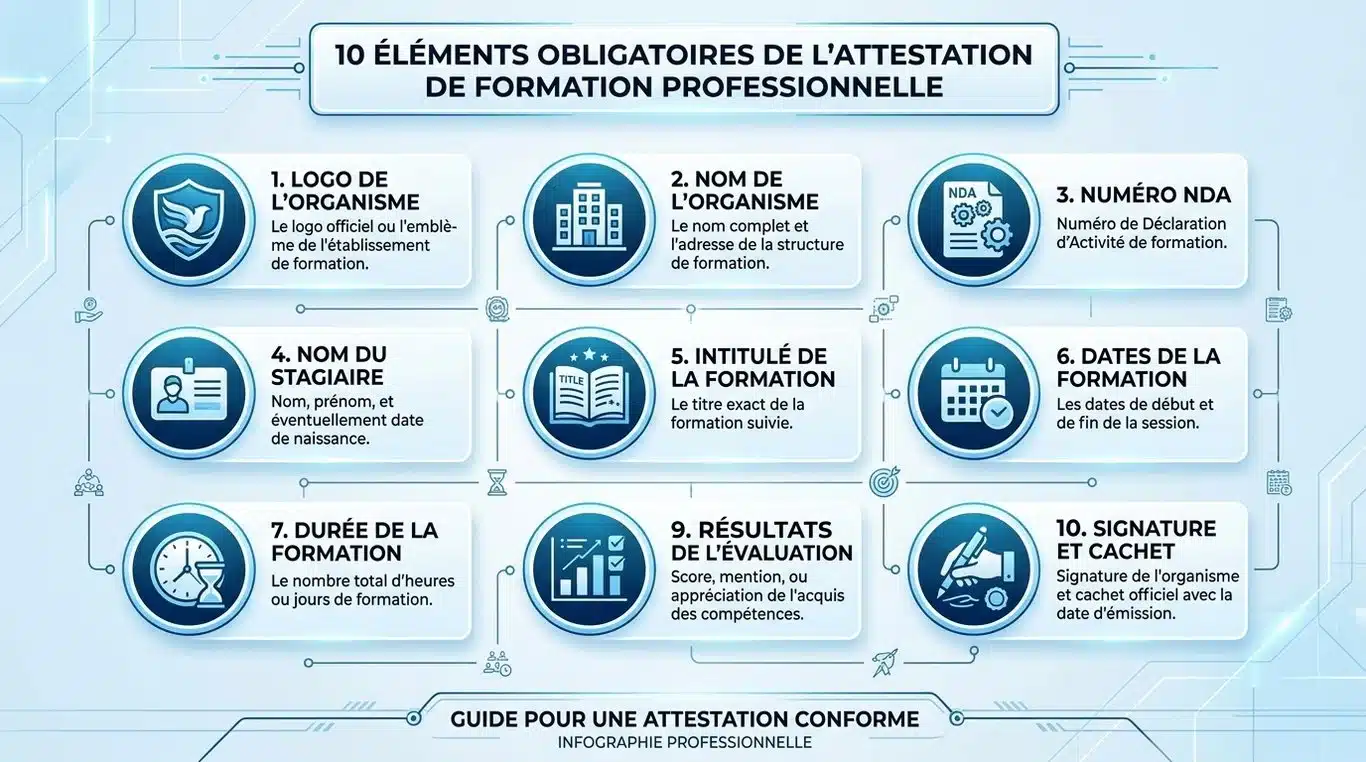 Infographie des 10 mentions obligatoires pour une attestation de formation
