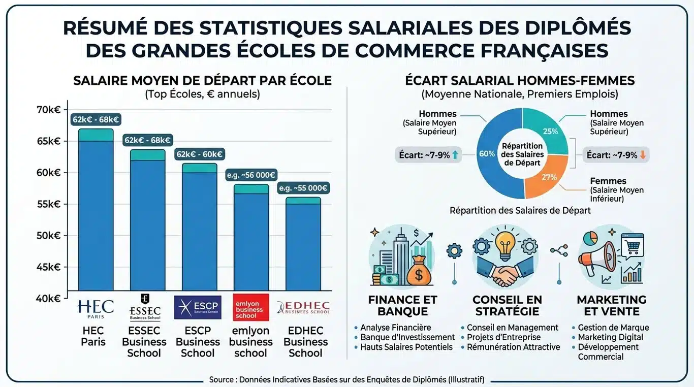 Infographie récapitulative des salaires en sortie d'école de commerce en France