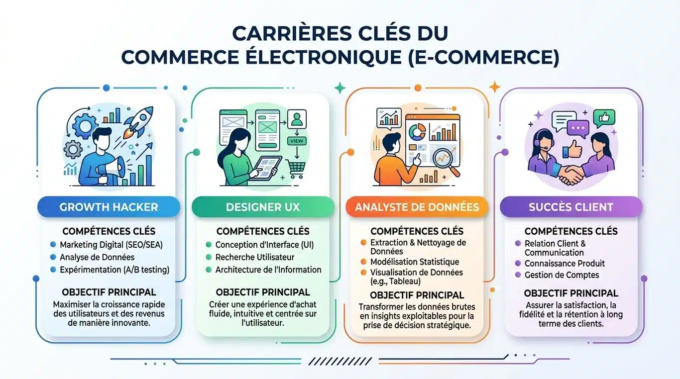 Infographie des métiers clés dans le e-commerce : Growth Hacker, UX Designer, Data Analyst et Customer Success.