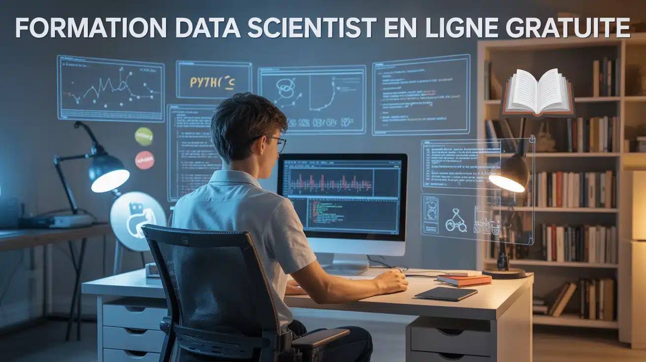 formation data scientist en ligne gratuite, jeune data scientist, écrans, graphiques