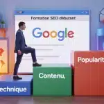 Formation SEO débutant escalier technique contenu popularité