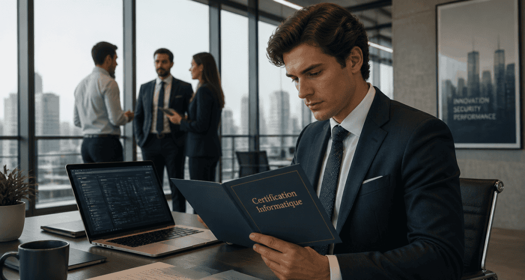 Jeune professionnel consultant un dossier de certification informatique en entreprise