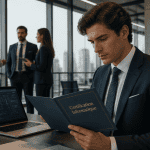 Jeune professionnel consultant un dossier de certification informatique en entreprise