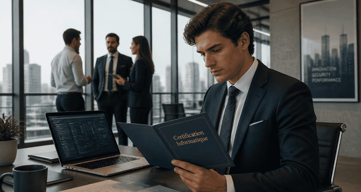 Jeune professionnel consultant un dossier de certification informatique en entreprise