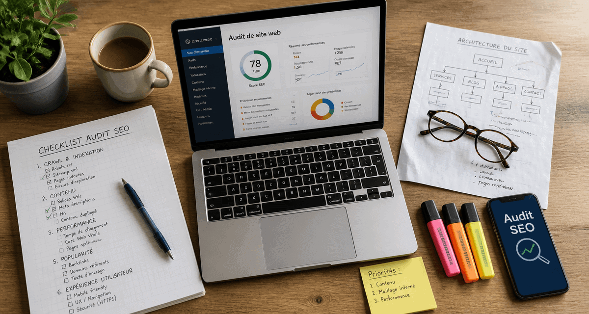 Comment faire un audit SEO, bureau consultant, checklist et ordinateur