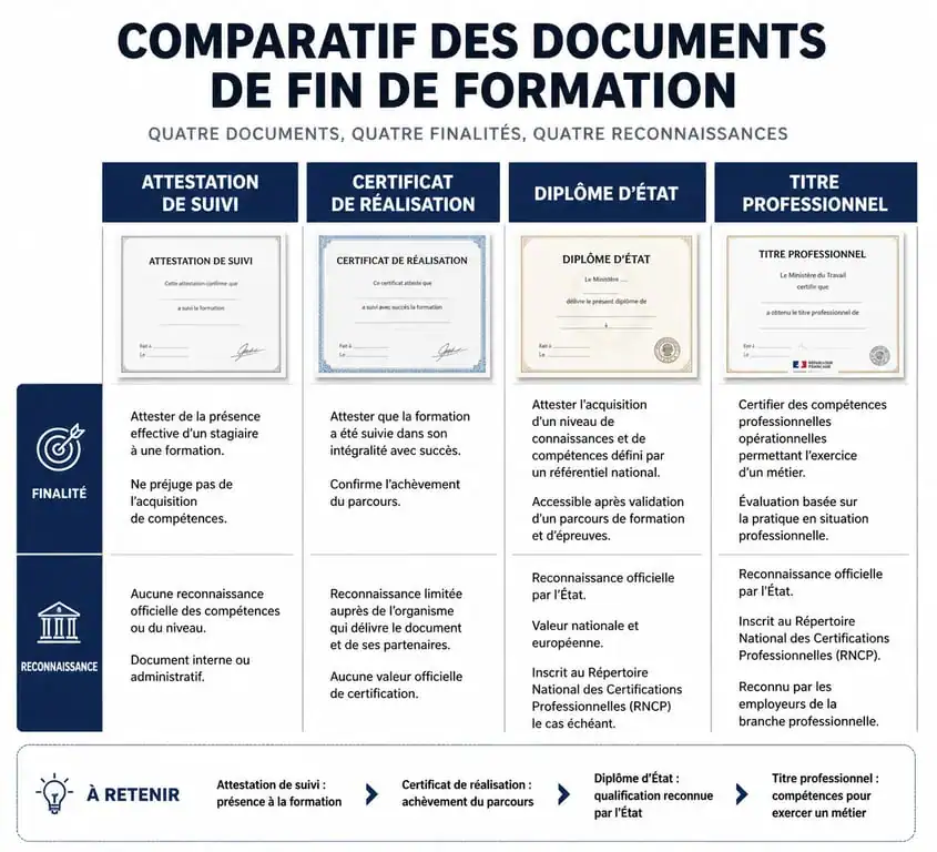 Infographie comparative des documents de fin de formation : attestation de suivi, certificat de réalisation, diplôme et titre professionnel