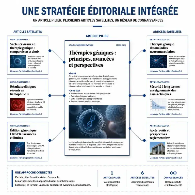 Schéma illustrant le concept de Topic Cluster pour une stratégie de contenu SEO