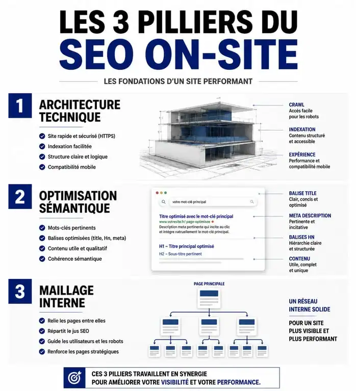 Les trois piliers du SEO on-site : architecture technique, contenu sémantique et maillage interne