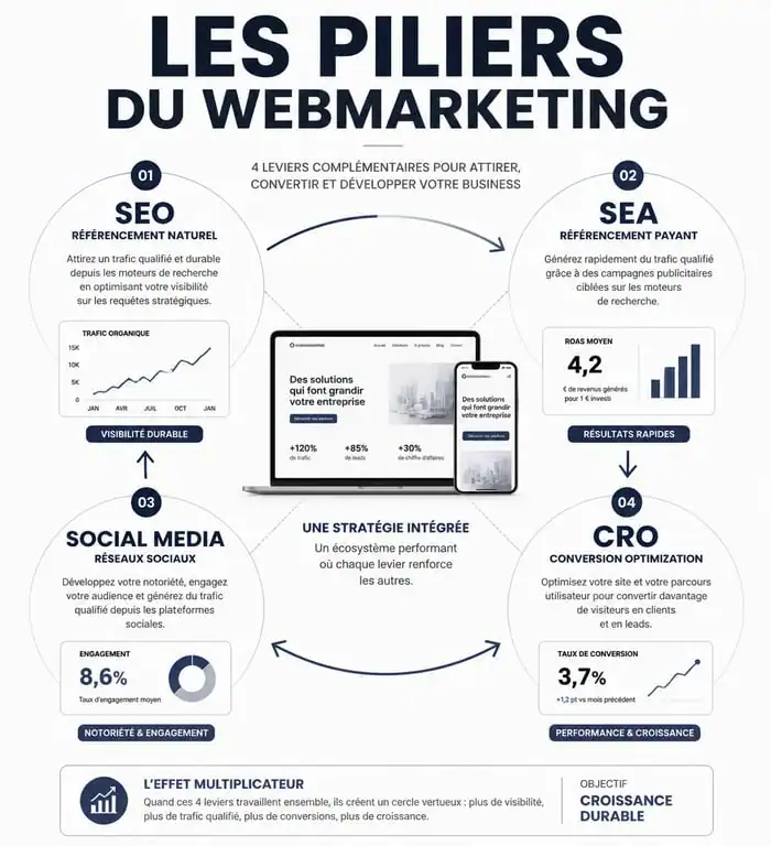 Infographie des piliers de la formation webmarketing : SEO, SEA, Social Media et CRO
