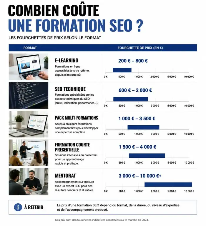 Comparatif des prix des formations SEO par format d'apprentissage