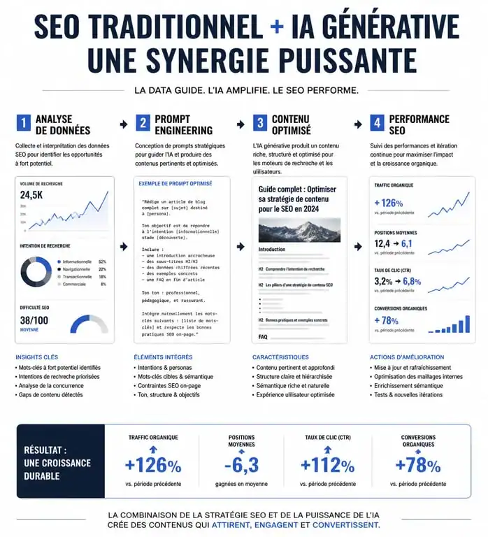Infographie illustrant le flux de travail d'un expert freelance SEO et ChatGPT pour l'optimisation de contenu