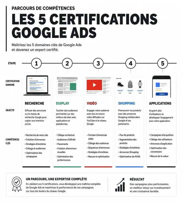 Infographie des 5 certifications Google Ads pour réussir son examen