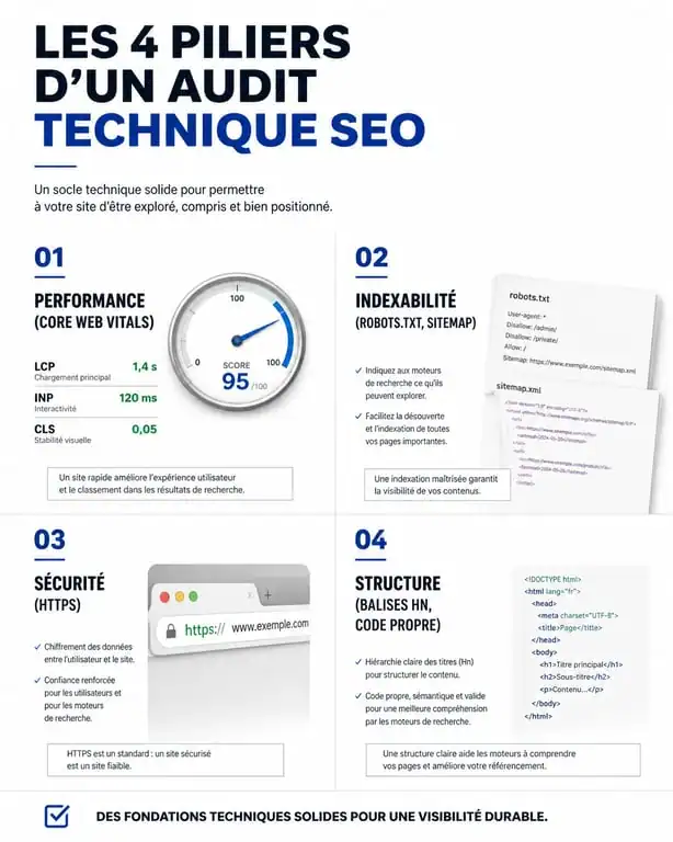 Infographie des piliers d'un audit technique site web pour le SEO