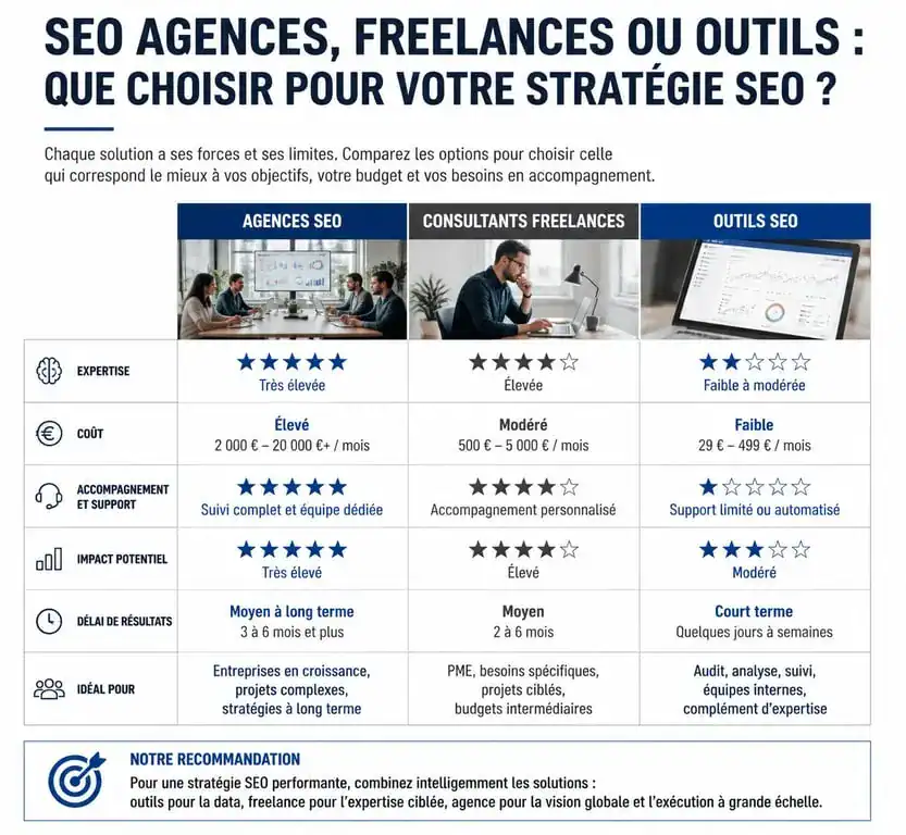 Comparatif des services SEO : agence, freelance et outils pour votre stratégie de référencement