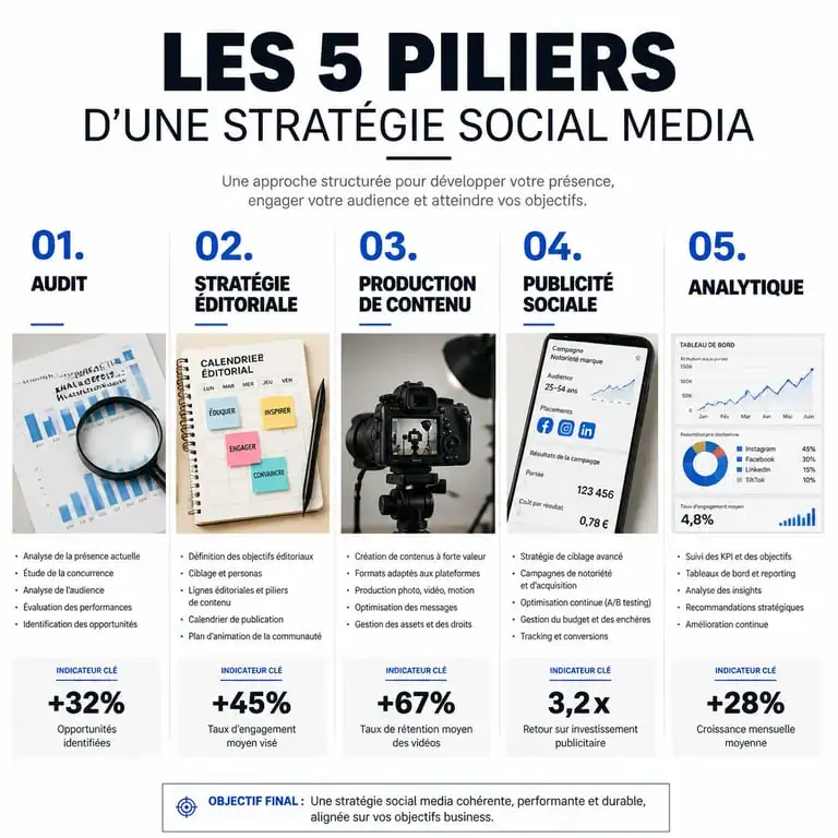 Infographie des compétences clés d'une formation social media : audit, stratégie, contenu, publicité et analyse.