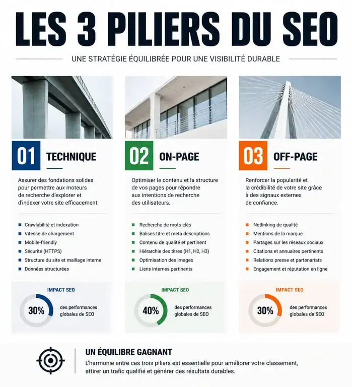 Infographie des trois piliers pour apprendre le SEO : technique, on-page et off-page