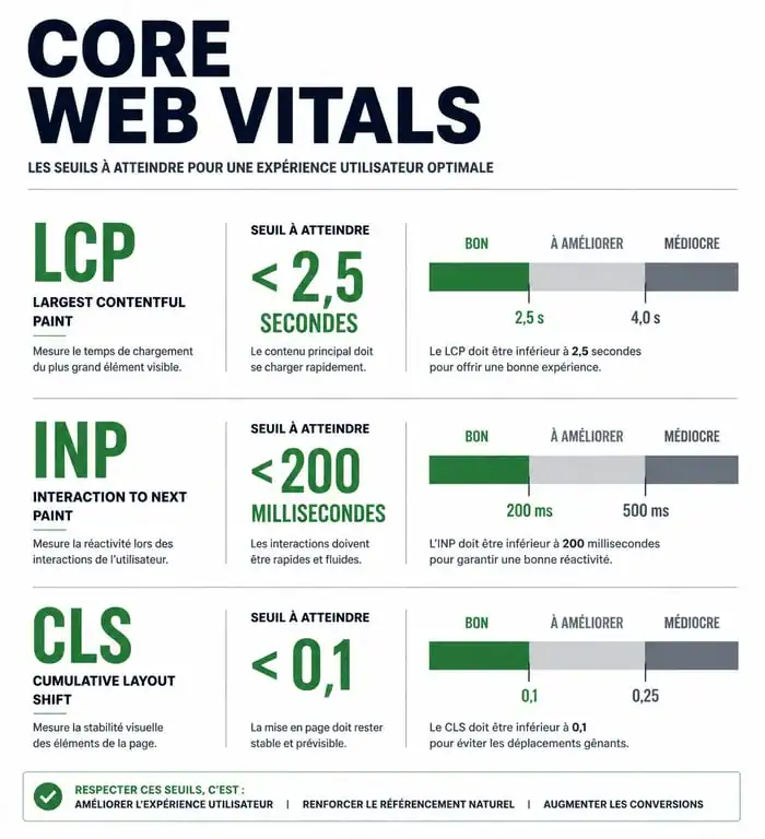 Infographie des seuils de performance web Core Web Vitals pour l'audit de performance site web