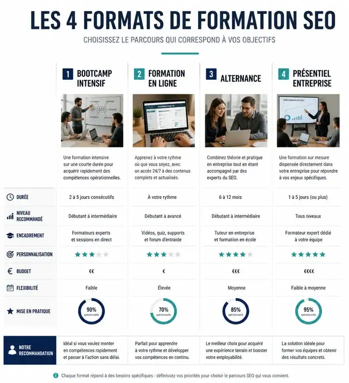Comparatif des différents formats de formation SEO certifiante pour choisir son parcours