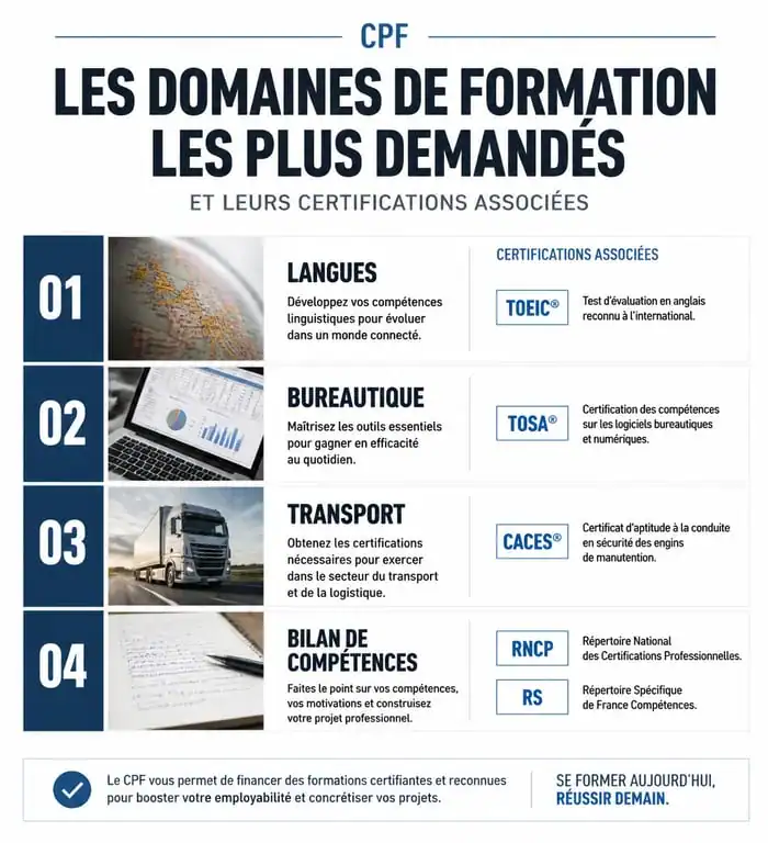 Infographie des meilleures formations CPF : domaines, certifications et objectifs professionnels