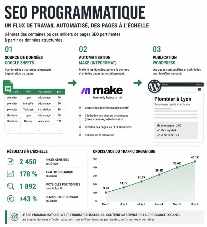 Schéma du workflow de SEO programmatique : automatisation de contenu de la base de données vers WordPress