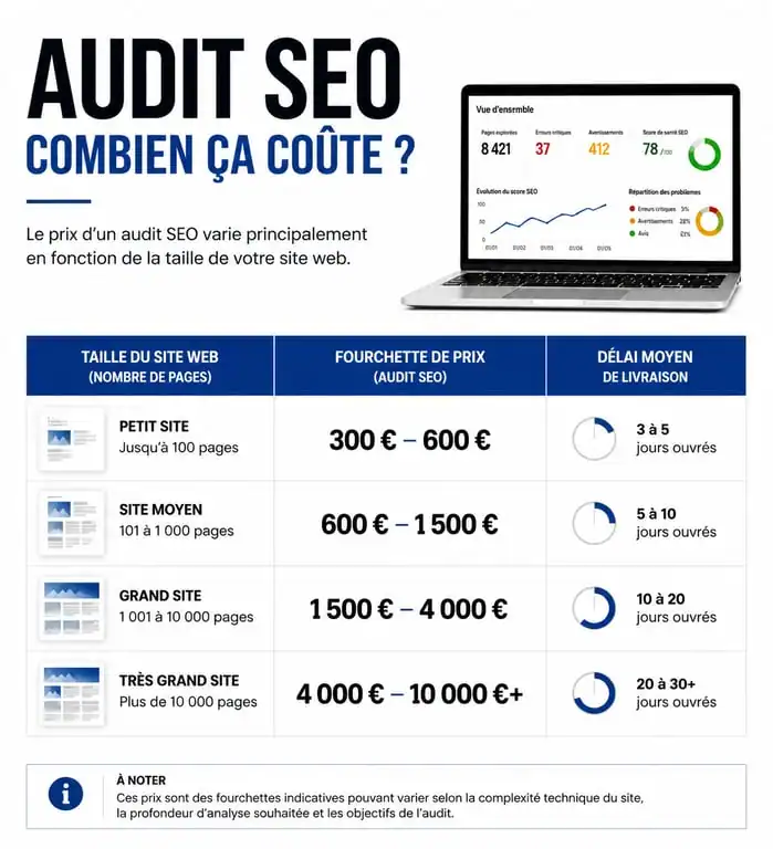 Infographie des prix d'un audit SEO selon la taille du site web