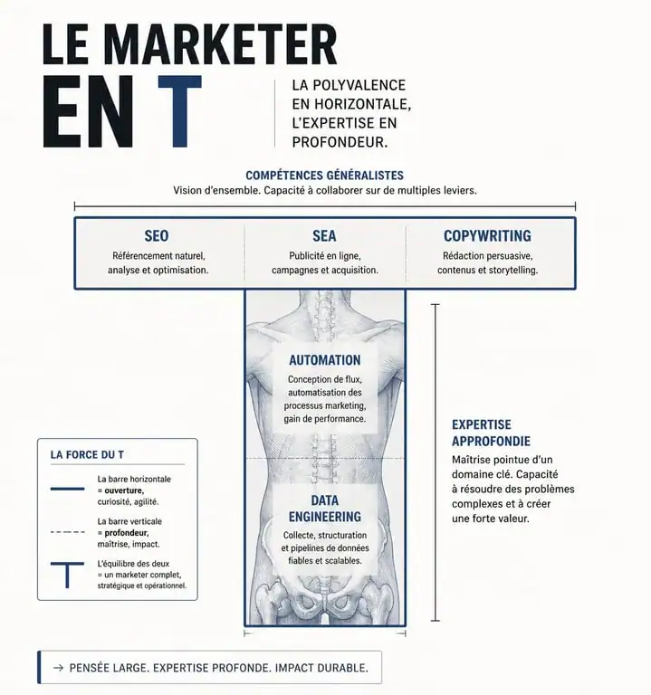 Infographie du profil T-Shaped en growth marketing : compétences larges et expertise technique