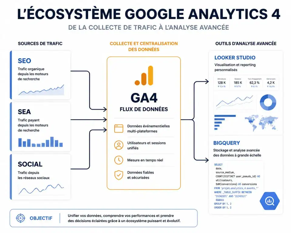 Infographie de l'écosystème Google Analytics 4 et ses outils complémentaires