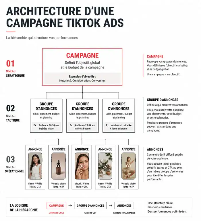 Schéma de l'architecture d'une campagne TikTok Ads
