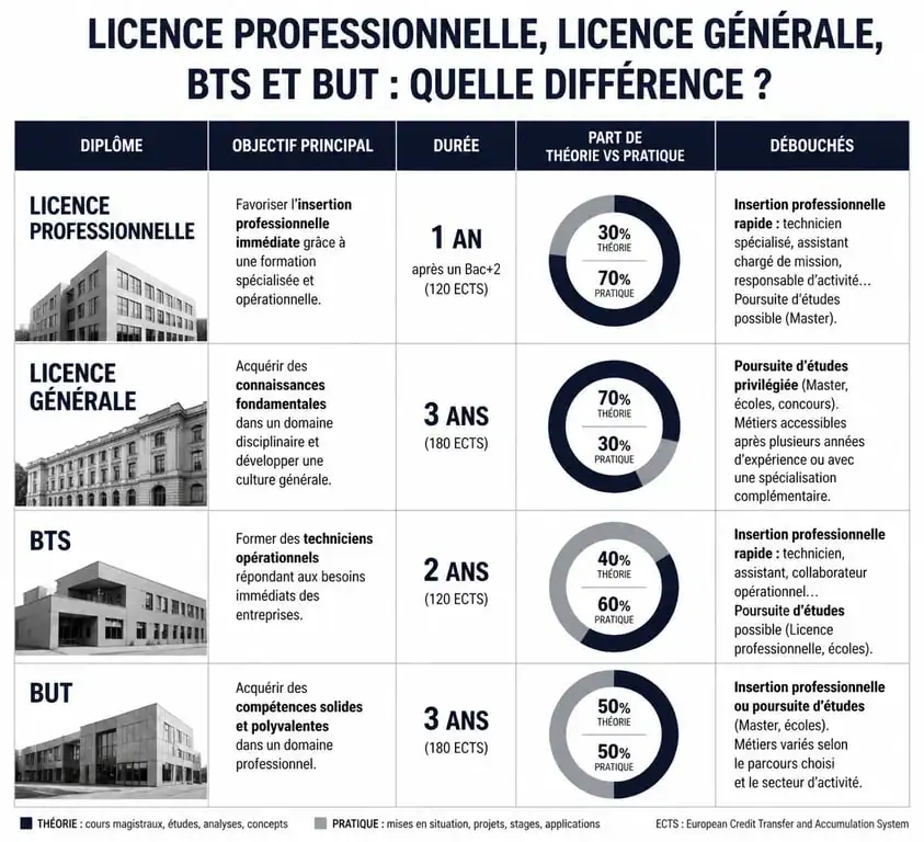 Infographie comparative des diplômes Bac+3 : Licence Professionnelle, Licence Générale, BTS et BUT.