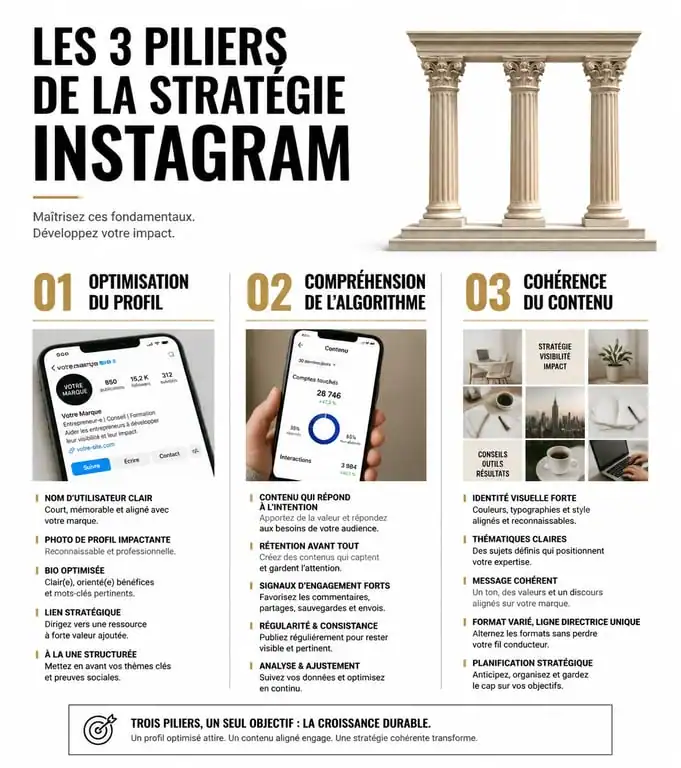 Infographie des piliers d'une stratégie Instagram efficace pour formation gratuite