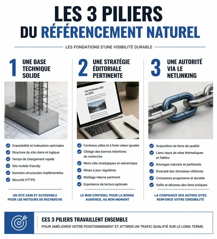 Infographie des 3 piliers du référencement naturel SEO : technique, contenu et autorité